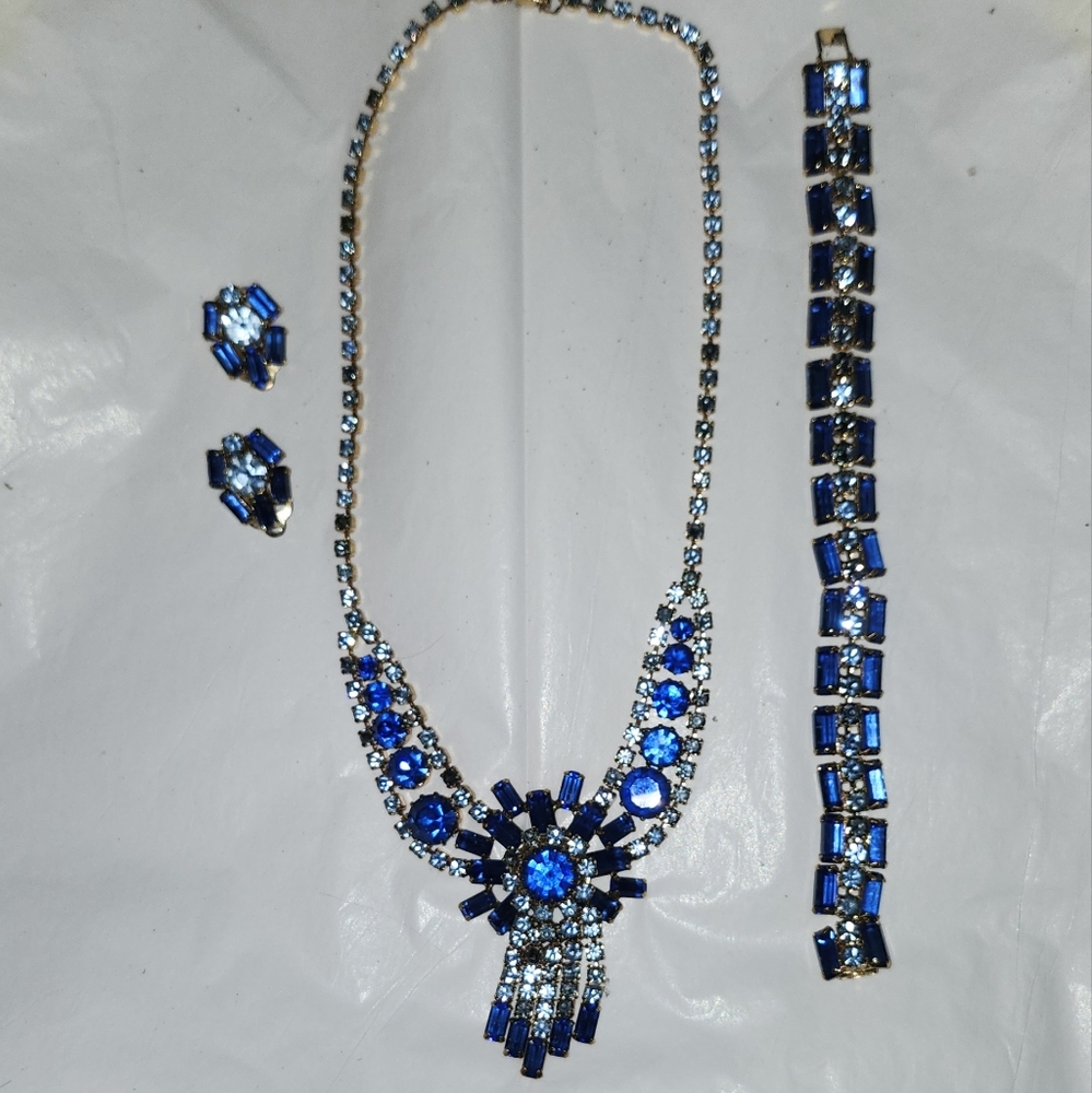 Vintage Blue Rhinestone Necklace Set circa 1955